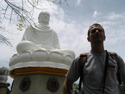 Michael Fabing in front of the White Buddha (Thailand)